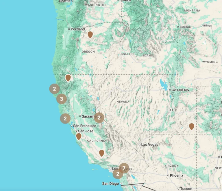 Map showing Wildlands Conservancy locations across California and nearby states.