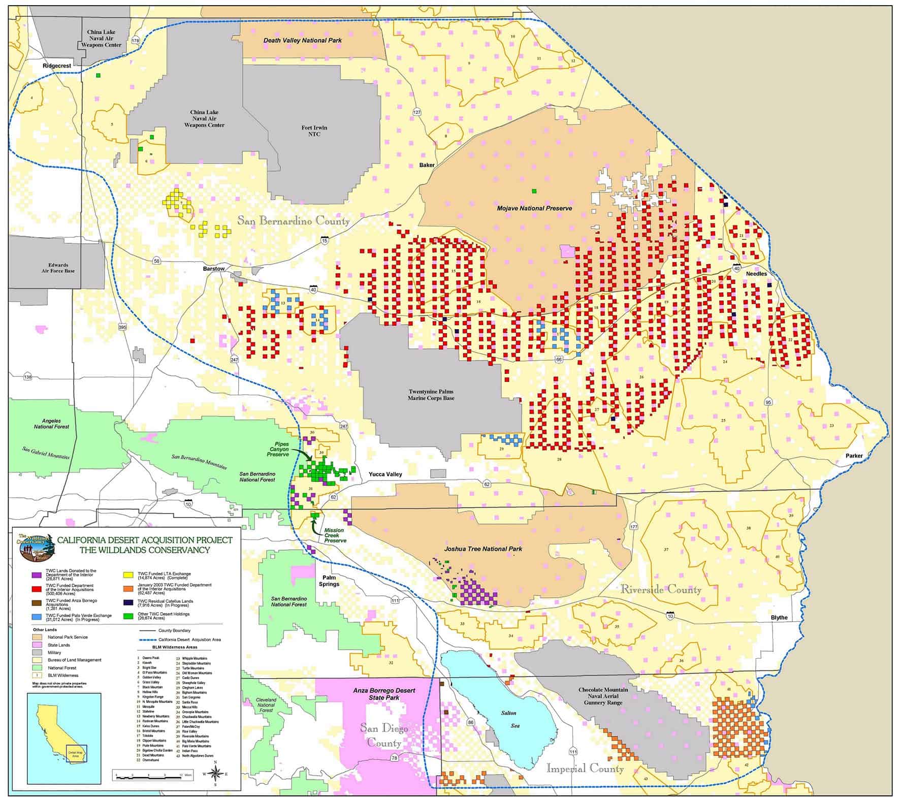 Acquired by The Wildlands Conservancy with a mix of private and public funding between 1999 and 2004 as part of its California Desert Land Acquisition Project, these checkerboarded railroad lands included private inholdings within Joshua Tree National Park, Mojave National Preserve, Wilderness Areas, and landscape linkages.ย