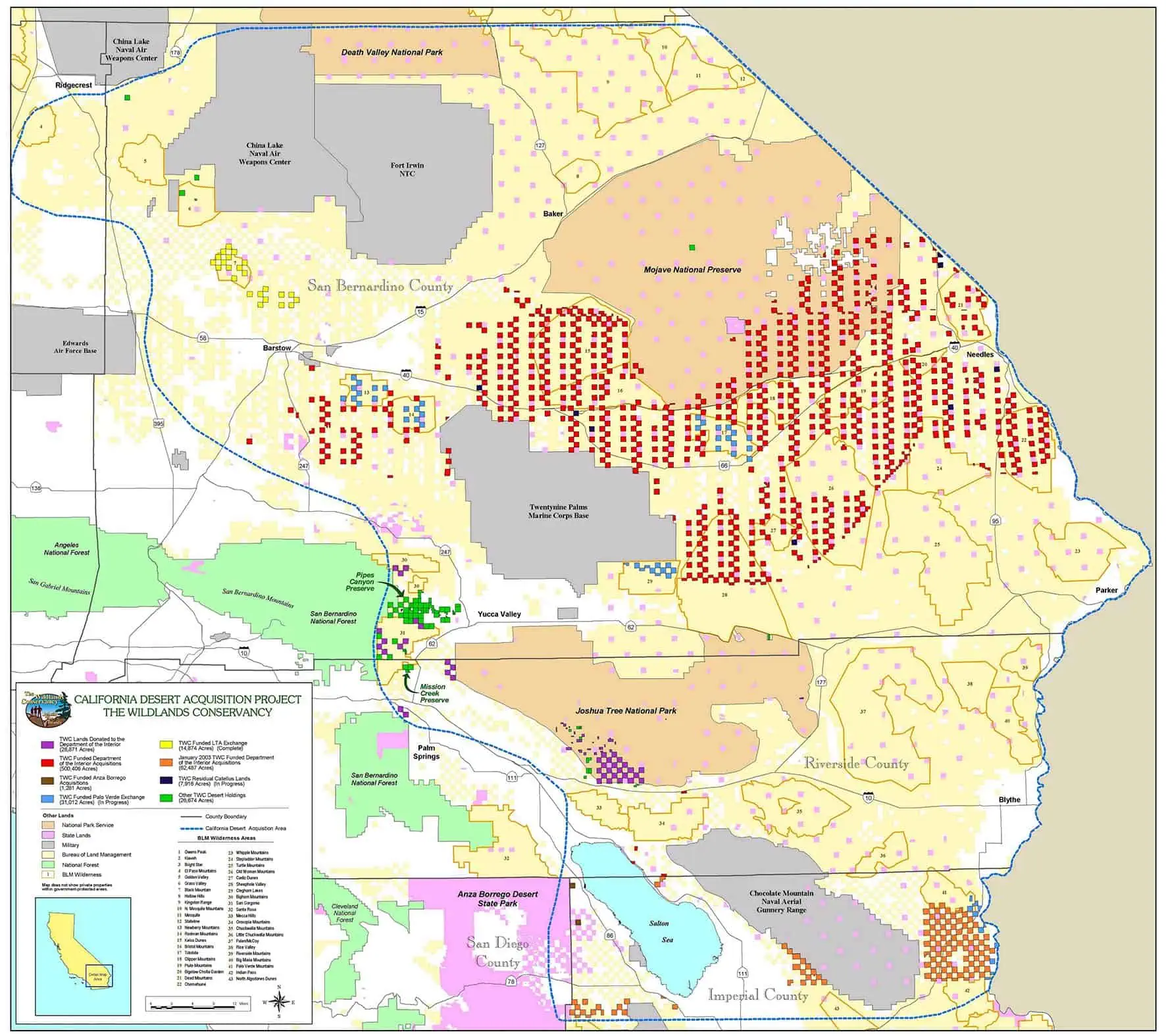 Acquired by The Wildlands Conservancy with a mix of private and public funding between 1999 and 2004 as part of its California Desert Land Acquisition Project, these checkerboarded railroad lands included private inholdings within Joshua Tree National Park, Mojave National Preserve, Wilderness Areas, and landscape linkages.ย