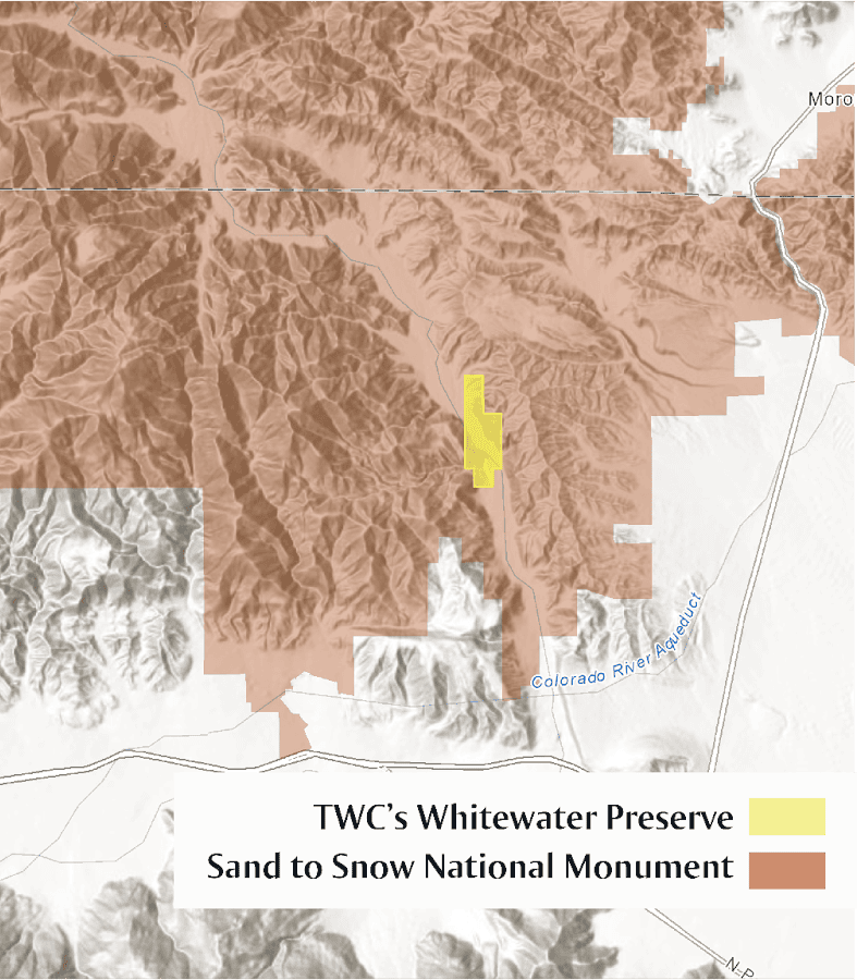Whitewater Preserve (yellow) provides free public access into Sand to Snow National Monument, connecting visitors to 154,000 acres of protected wilderness.