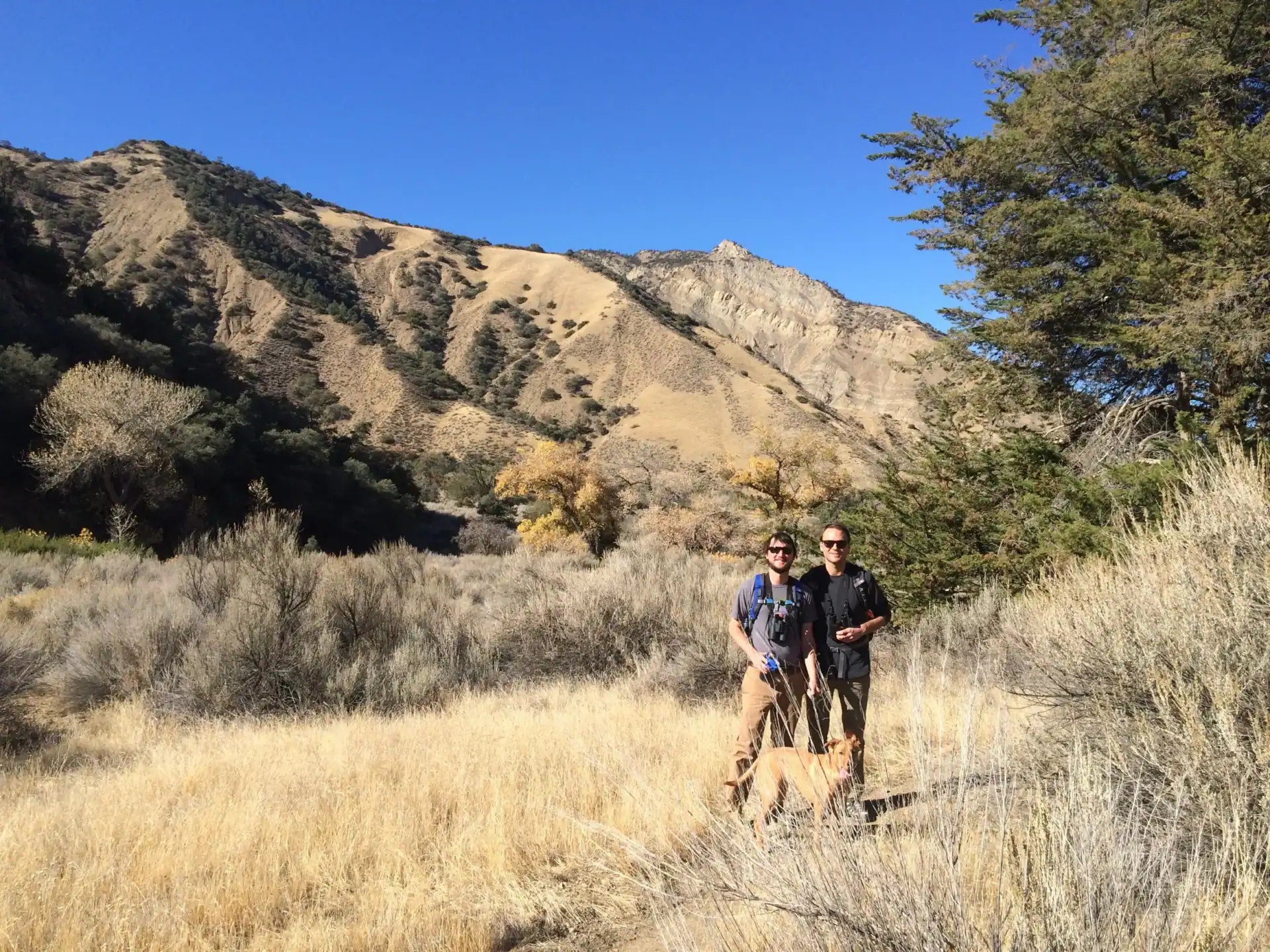 Scenic outdoor hike in California's wildlands with two people and a dog.